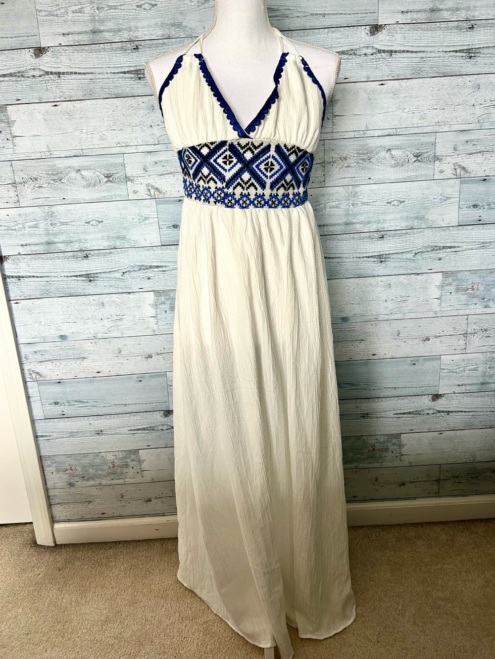 White Maxi Dress with Blue Embroidered Waist